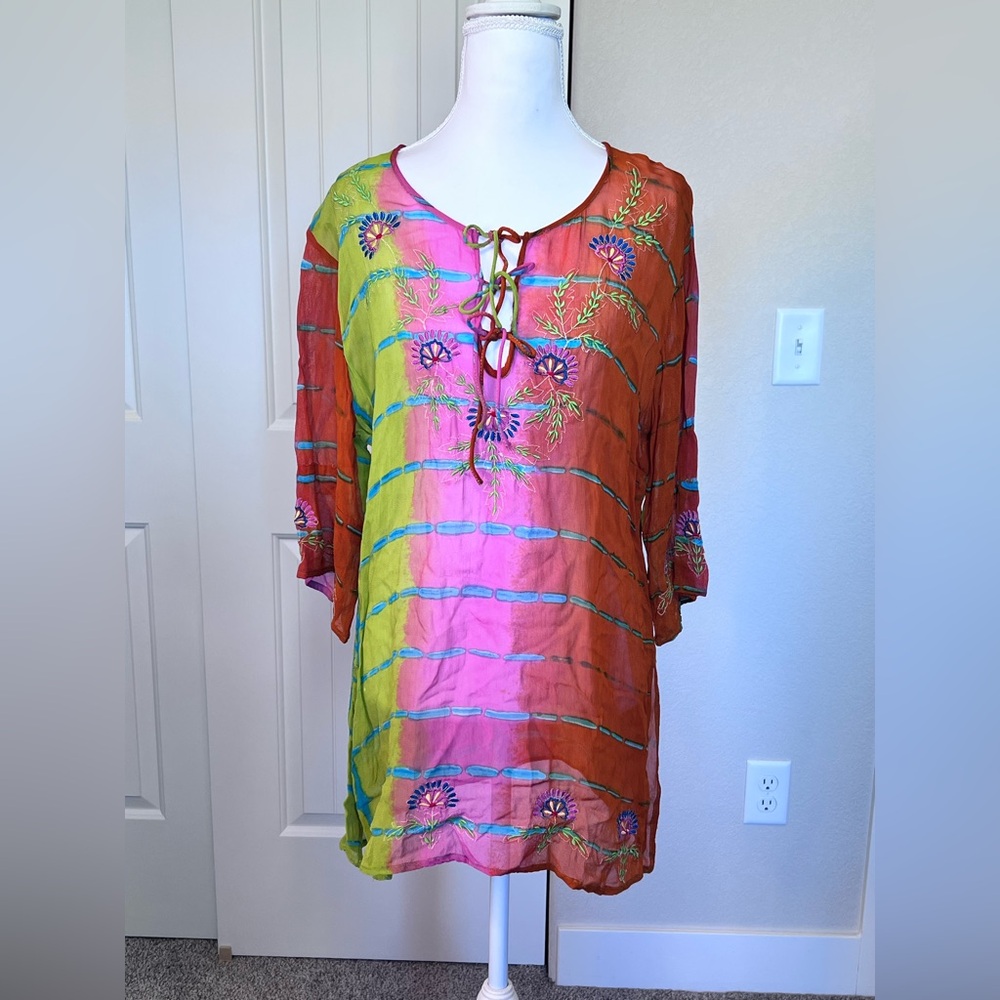 Newport News Embroidered Multi Tie Sheer Tunic Cover Up Top Boho Peasant Medium